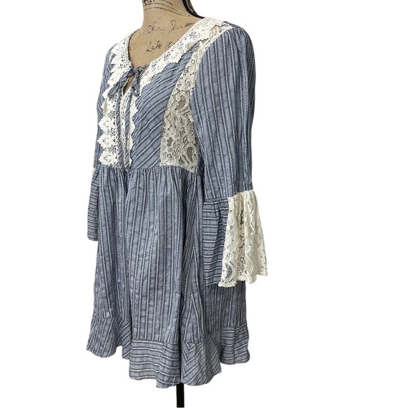 Ryu Boutique Boho Striped Dress Mini Babydoll Lace Insets Size Medium - Picture 4 of 11